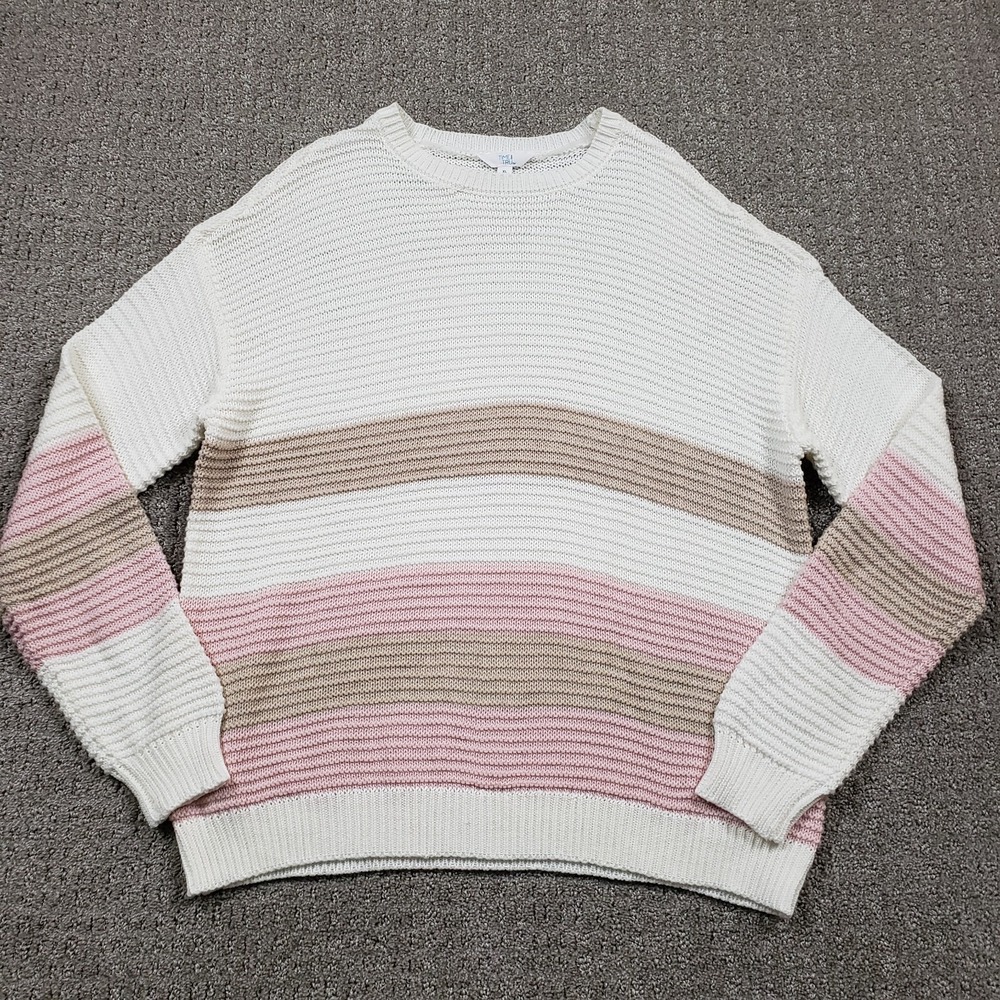 Womens Sweater XL White Striped Crewneck Pullover Ligweight Relaxed Time Tru